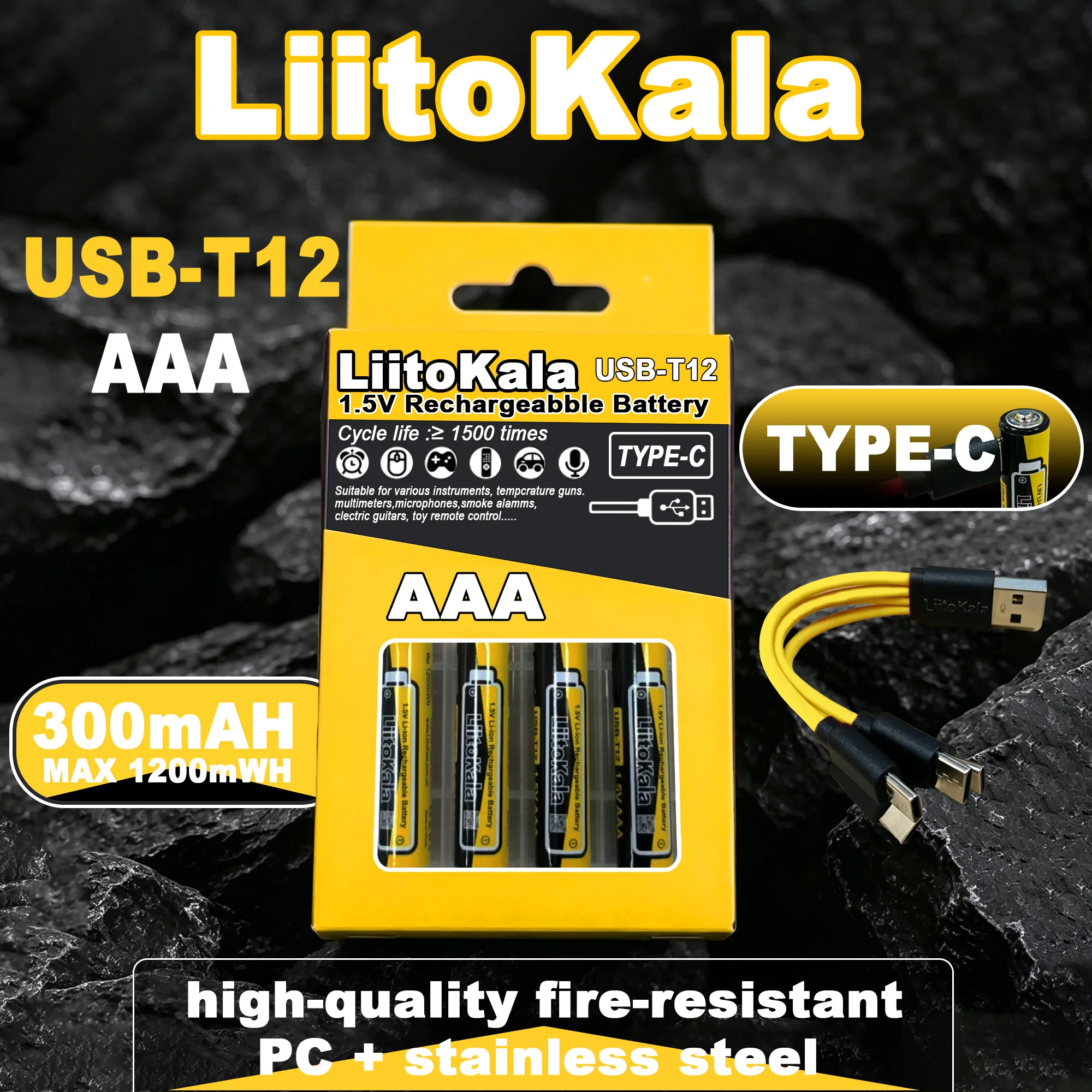 Liitokala USB-T12 1.5V AAA MAX 1200mWh Li-Ion Rechargeable Battery 1500 Cycle Type-C AA 2400mAh Battery with 4-in-1 USB Cable