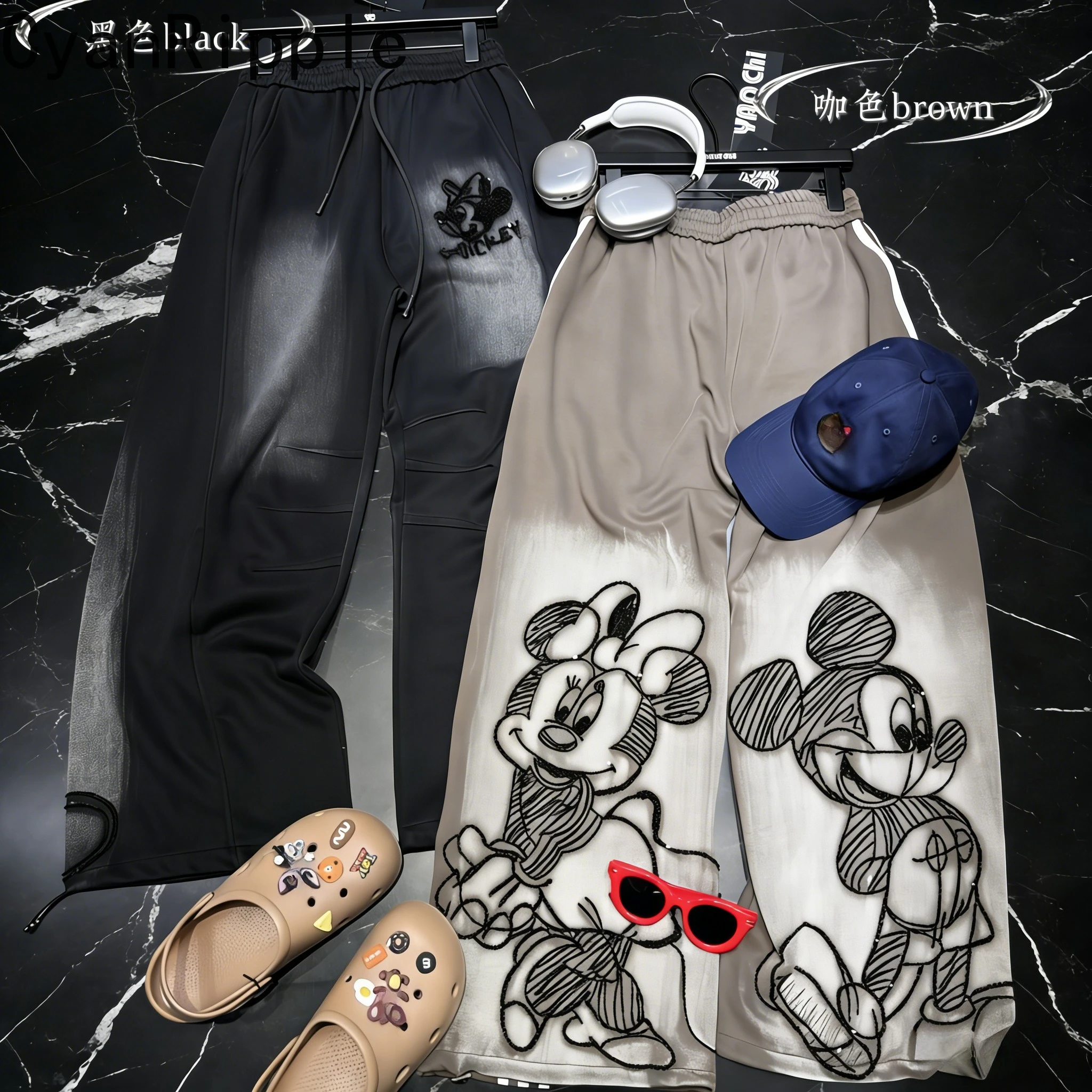 

Модные новые весенне-летние свободные брюки с широкими штанинами, на резинке с завязками, с вышивкой Микки, длинные до пола, повседневные прямые брюки