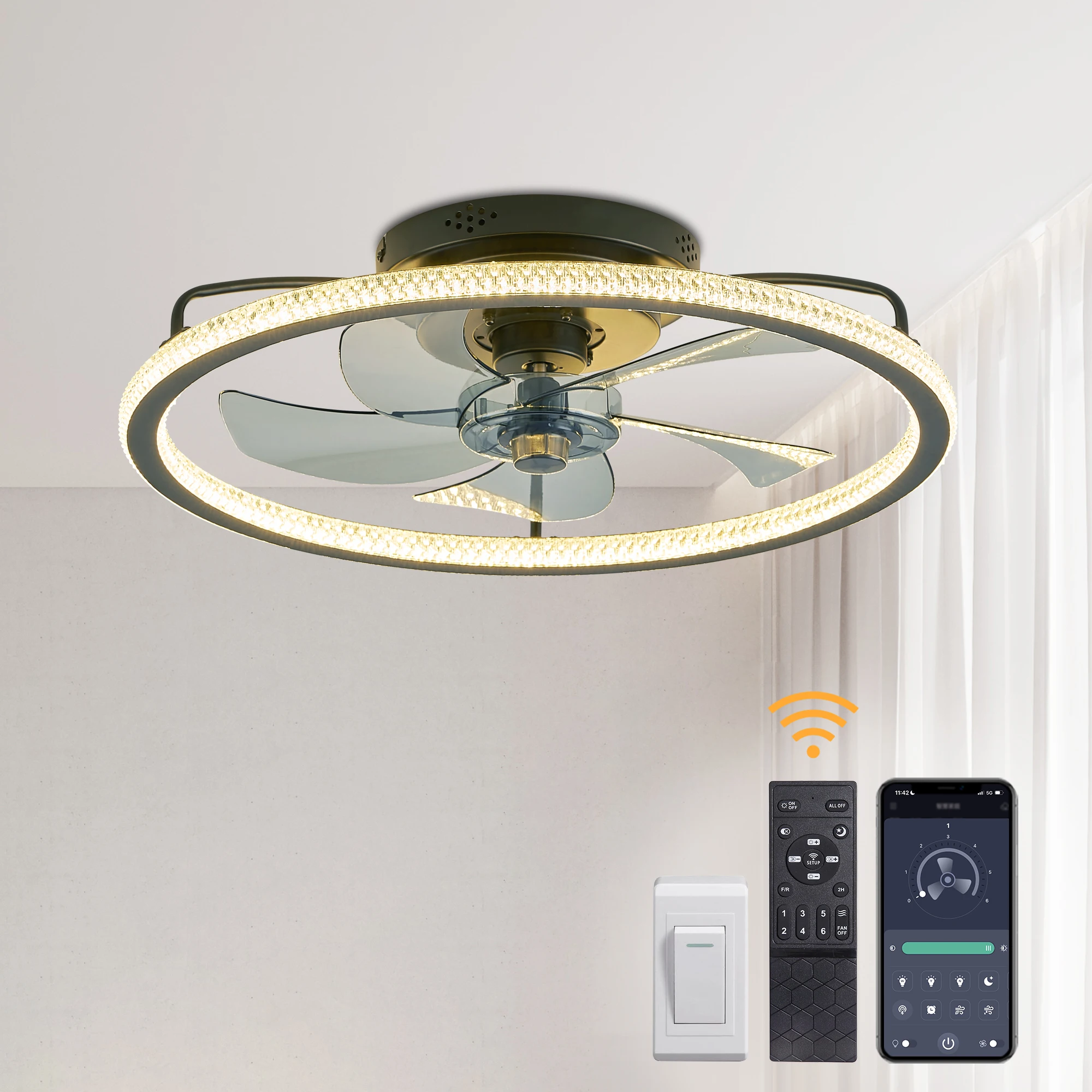 

Low Profile Ceiling Fan with Lights And Remote Control 3000K-6500K Dimmable Bladeless LED Light for Bedroom Kitchen