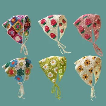 מתוק חמוד סרוג משולש ראש סרט צרפתי בסגנון פסטורלי צרפתית בסגנון ראש פסטורלי לנשים בנות קטן פרחים ראש מטפחת אביזרים לשיער