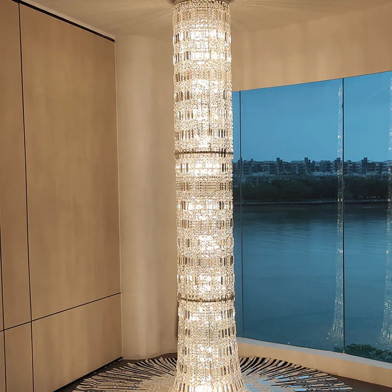 

Hollow Light Luxury Crystal Lamp Duplex Building Crystal Long Empty Jump Floor Lobby American Chandelier