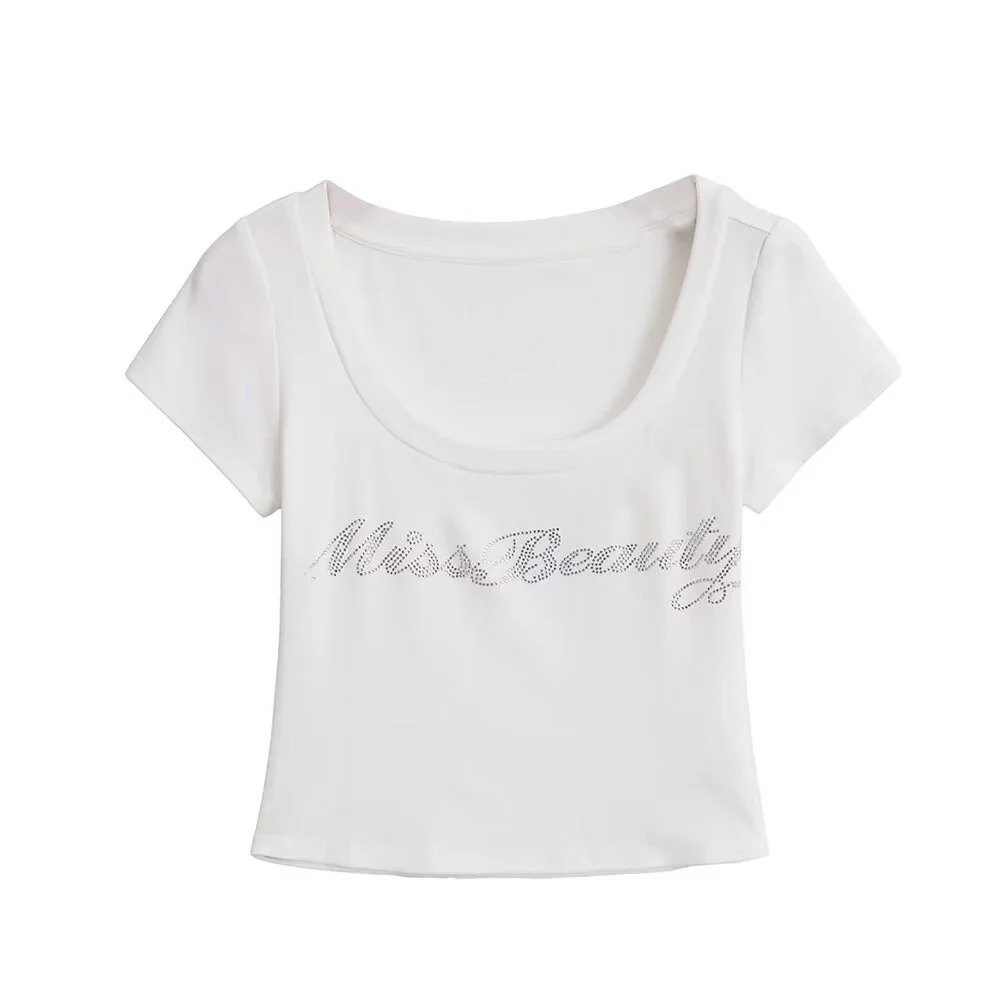 미국 스트리트 스타일 달콤하고 매운 여성용 반팔 티셔츠 슬림핏 여름 개성 레터링 라인스톤 큰 칼라 숏 크롭탑