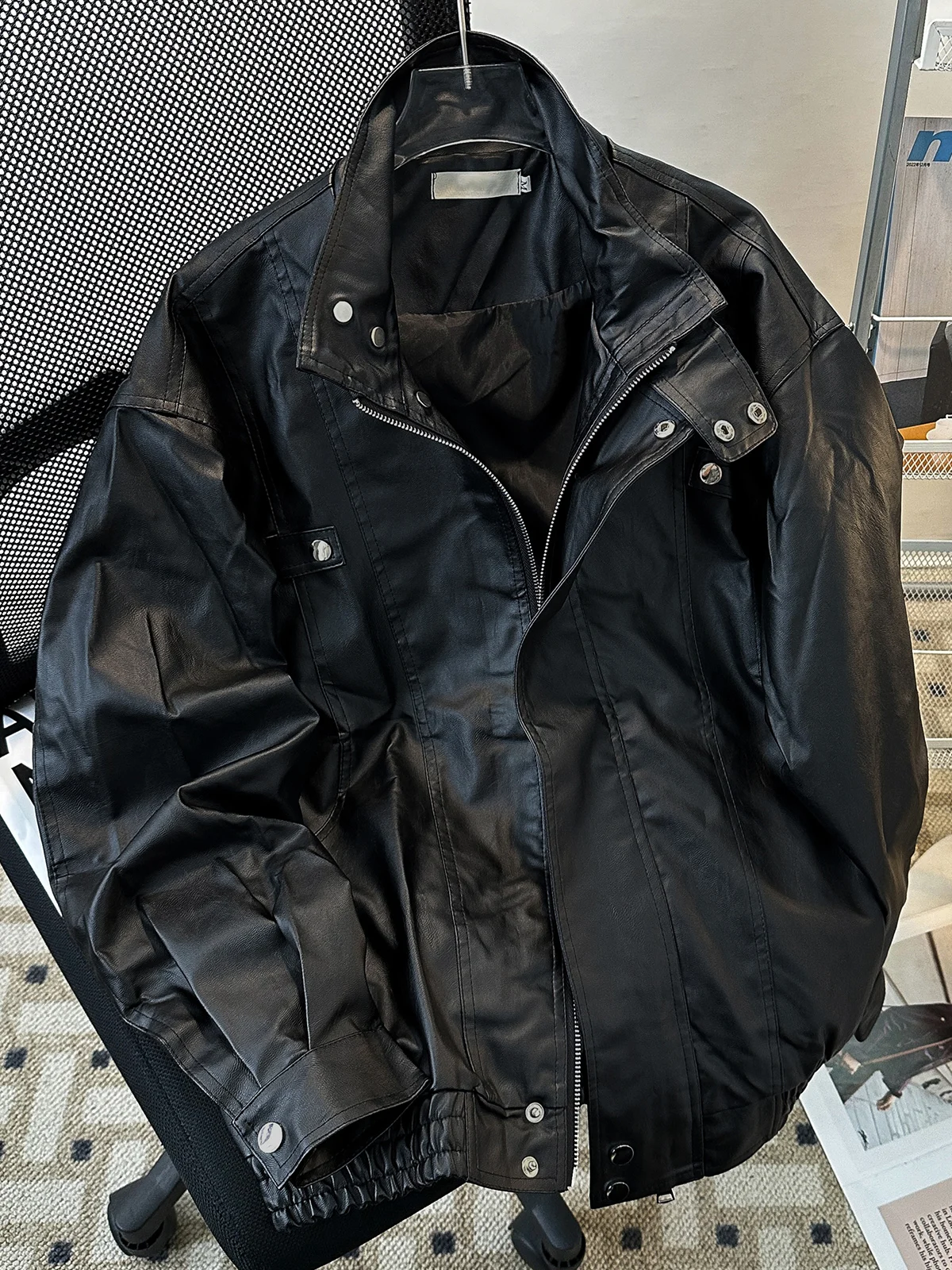 

Spring Autumn Men's Biker Leather Jaet Stand Collar Spor Casual American Retro High Street Trendy Brand Zipper PU Leather