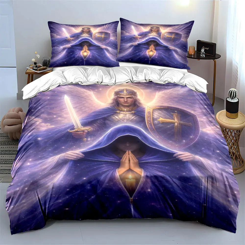 Saint Michael the Archangel and the Supplicant Print Bedding Set 1 Duvet Cover 2 Pillowcases for Adult and Children Luxury Gift