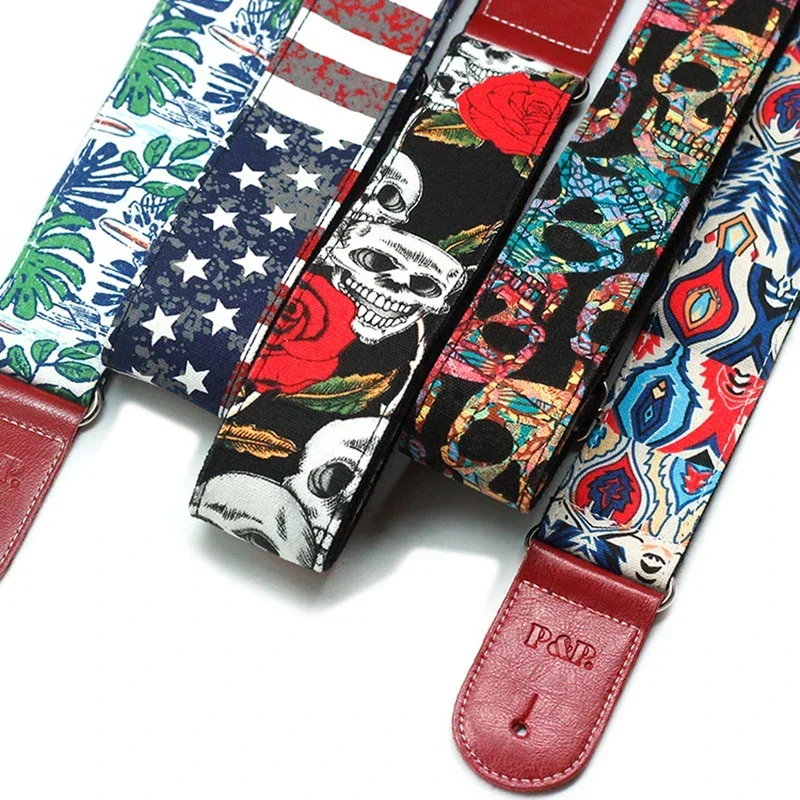 Double Layer Sewing Cotton Electric Guitar Strap for Acoustic Bass Adjustable Denim Printed Guitar Belt Genuine Leather Ends