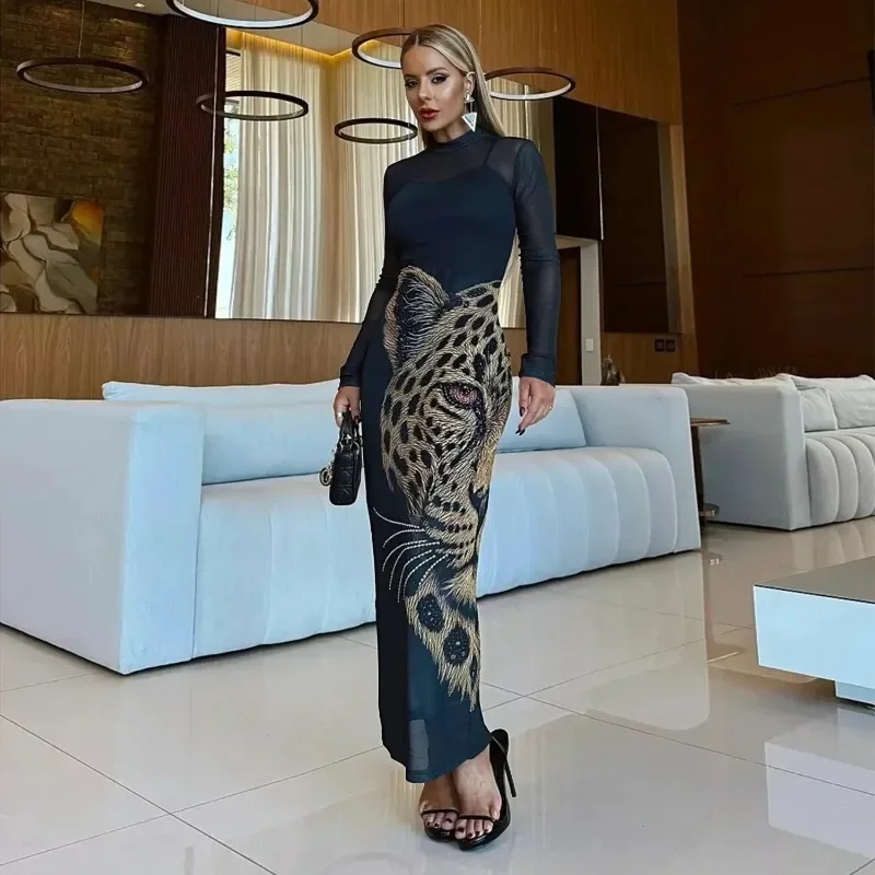 GUWU المرأة مثير حجر الراين بقماش شفاف مطبوعة ماكسي فستان طويل Bodycon ضمادة انظر من خلال ليلة خارج فستان الحفلات والنوادي