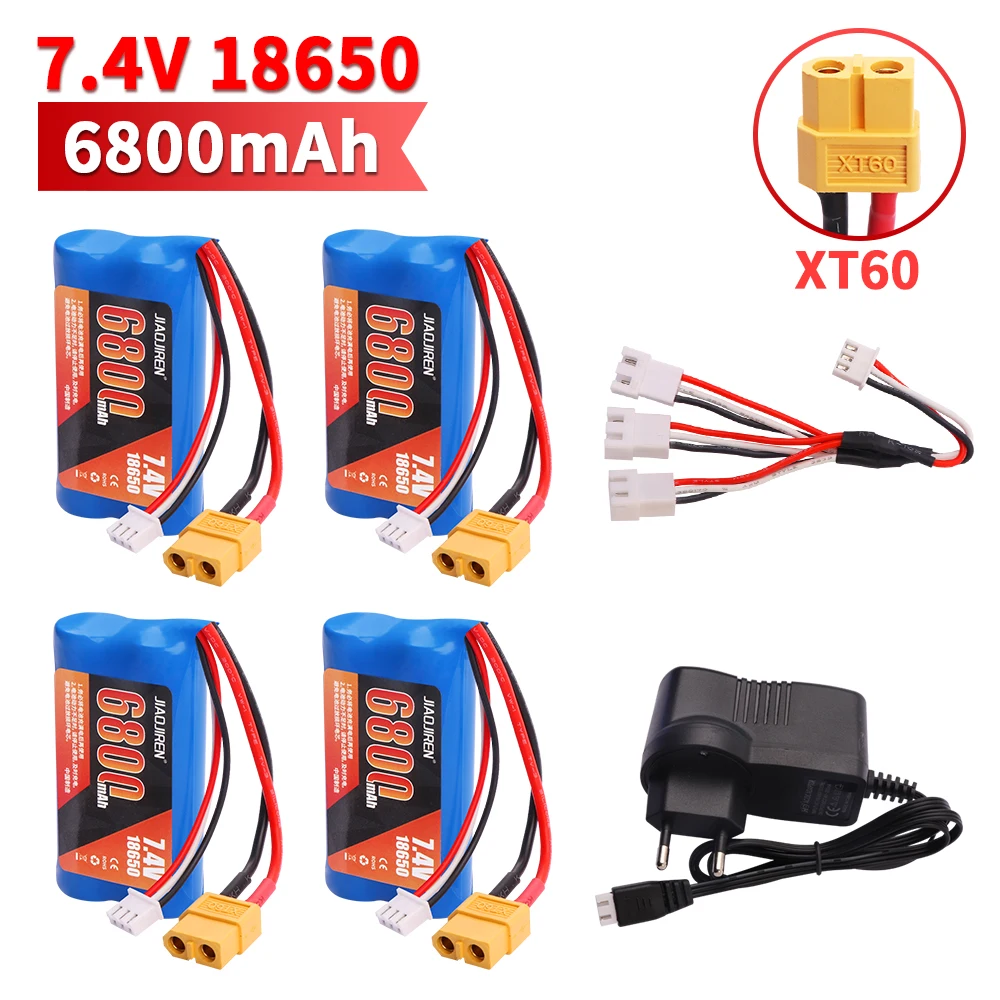 XT60 7.4V 6800mAh 2S بطارية ليثيوم أيون 18650 ل Henglong 3818 3819 3838 3878 3888 3898 3909 3918 3938 3939 1/16 دبابة مع جهاز للتحكم عن بُعد اللعب أجزاء