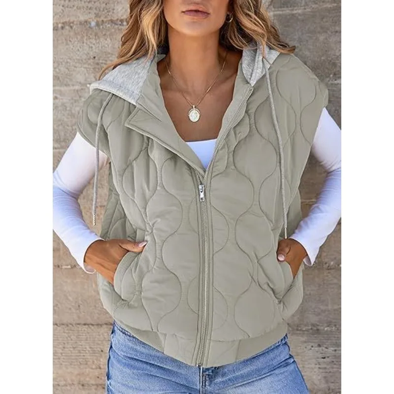 2025 Hot Autumn New Color Matching Sleeveless Jacket Women Simple Versatile Drawstring Hooded Vest Women
