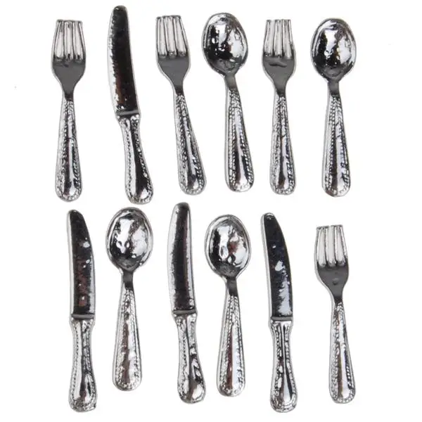 12pcs Dollhouse Miniatures Silverware Tableware Fork 4 Place Settings