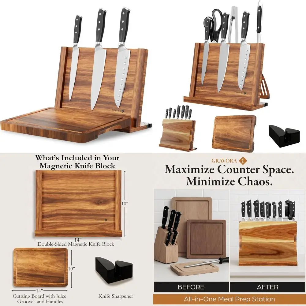 

Wooden 3-in-1 Magnetic Knife Block with 14x10 Cutting Board and Sharpener - Acacia Holder for Double-Sided Knife Storage