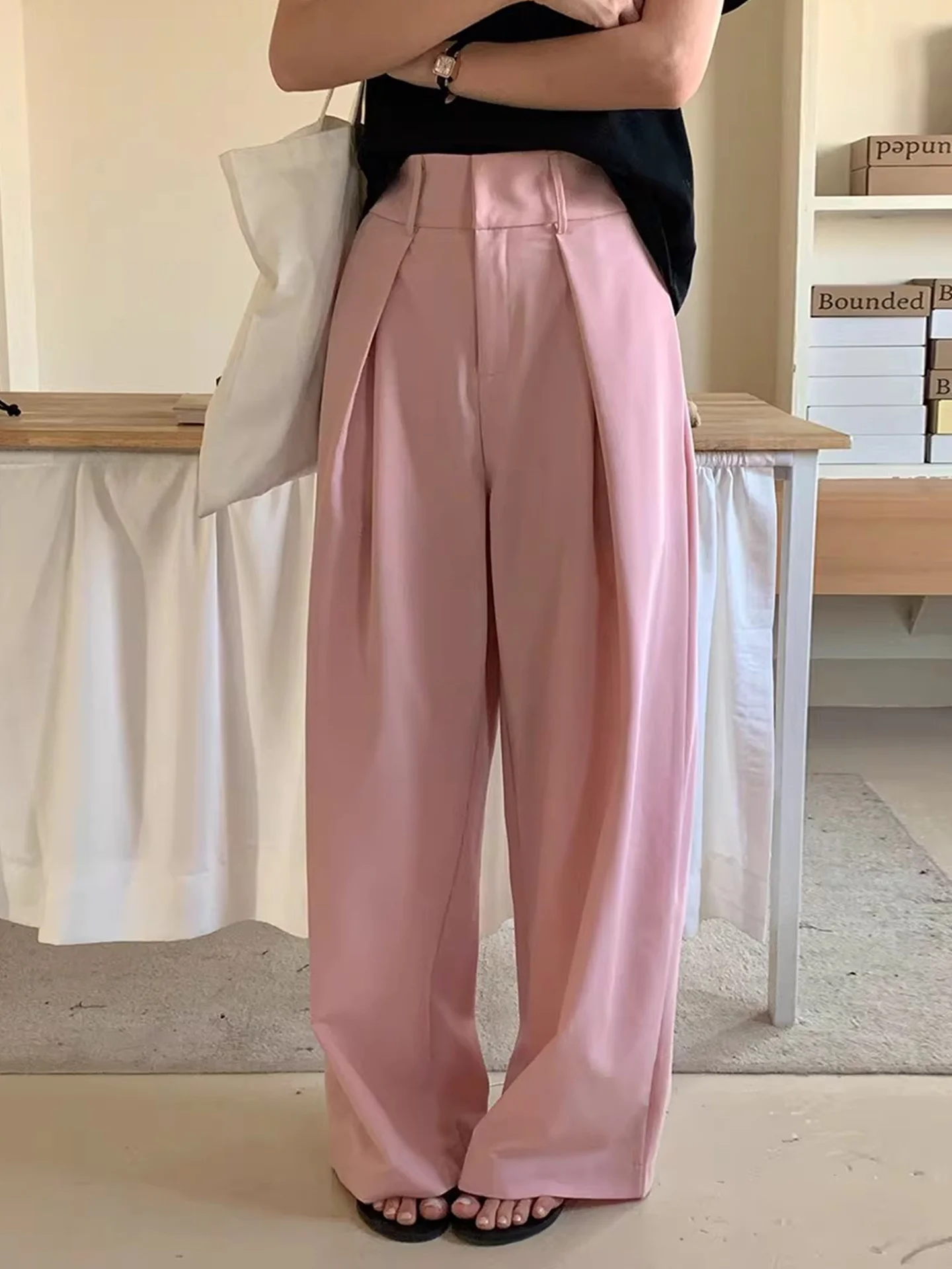 Pantalon de costume décontracté à jambe large de couleur unie pour femme, nouveau printemps, ample, polyvalent, taille élastique, pantalon décontracté coréen, style décontracté pour le travail