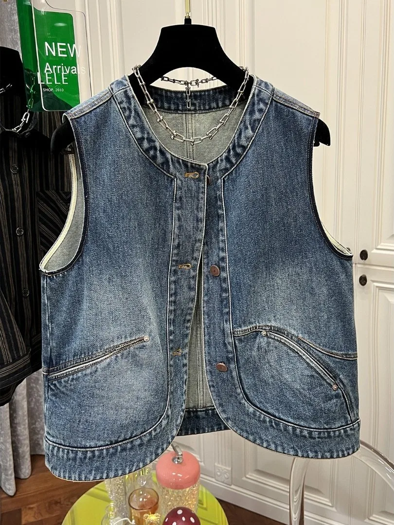

plus Size Korean Retro ket Denim Vest Loose oulder Pad Jaet for Men And Women Autumn Faion Ci Casual Single Button