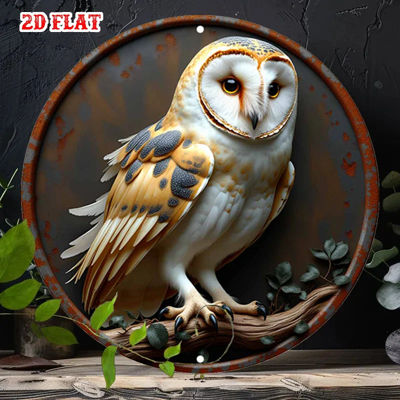 2D Flat - Unique 2D Flat Round Aluminum Sign Featuring Nocturnal Wisdom, Designed As a Rustic Metal Wall Art Piece with an Owl