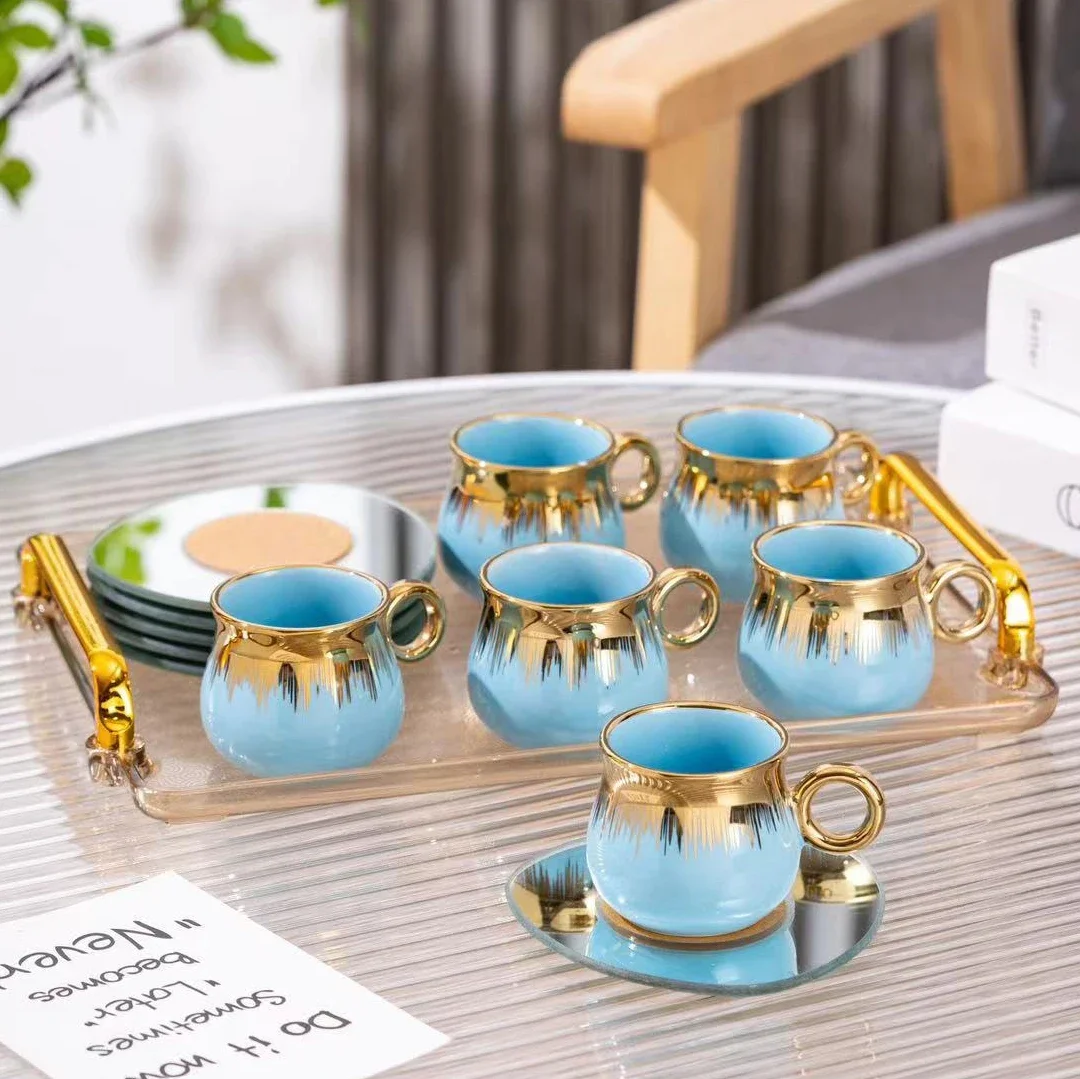 

# Deluxe Blue 90ml Cappuccino Latte Mocha Turkish Espresso Ceramic Coffee Cup Set Of 6 With Saucer And Tray #