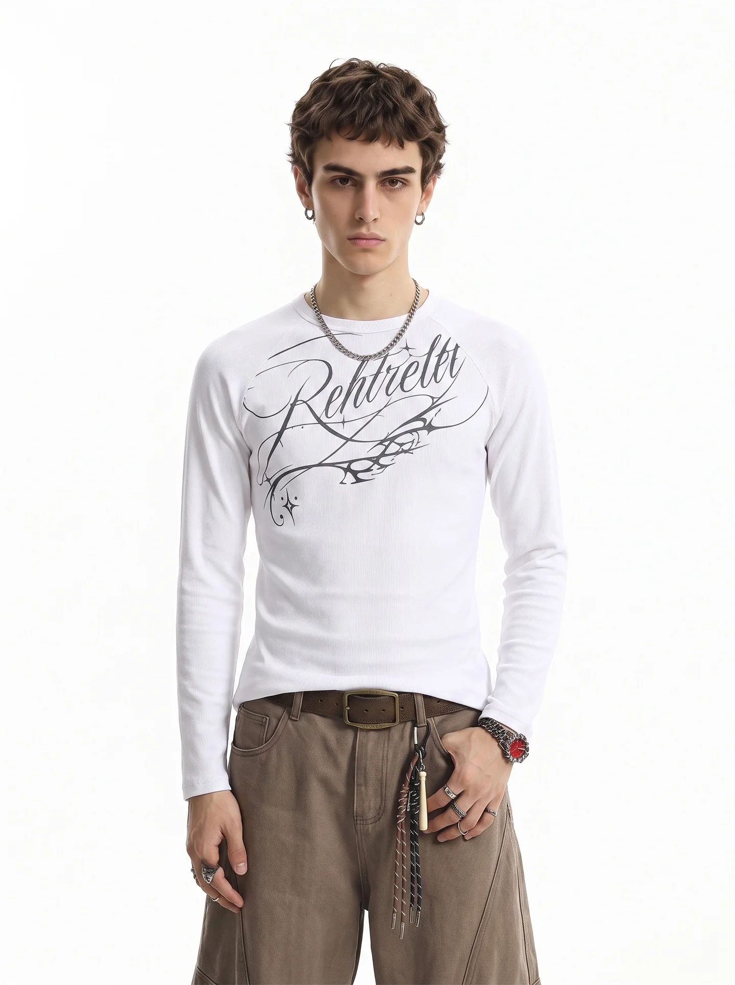 BETEBULE American High Street Trendy Letter Print Long Sleeve T-Shirt Men Vintage Light Cotton Short Style Top for Youth