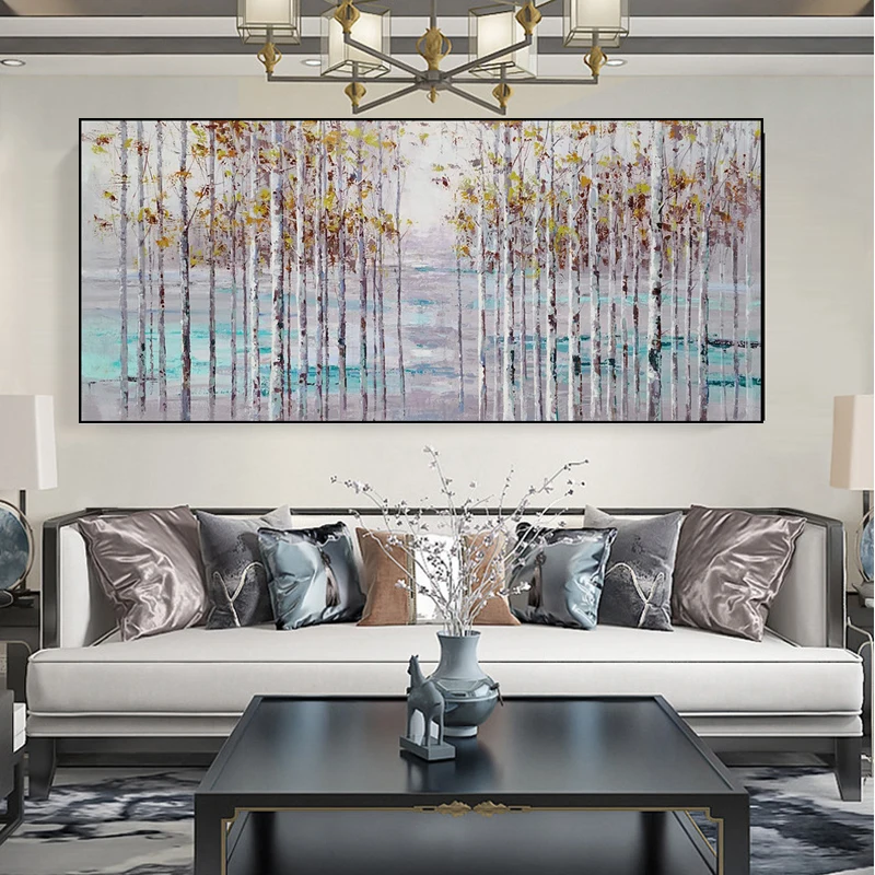 Large Oil Painting Handmade On Canvas Wall Tree Birch Picture Painting Forest Landscape Nature Handpainted Modern For Wall Decor