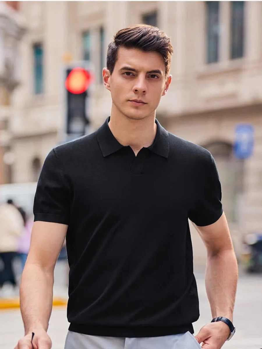 

Новая летняя мужская трикотажная рубашка с коротким рукавом, отложным воротником, в британском стиле, модная, городская, тонкая