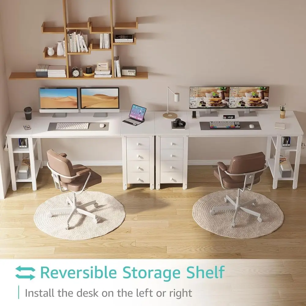 55 Modern White Desk with Fabric Drawers & Shelves, Home Office Study Writing Desk, Cute PC Desk Table