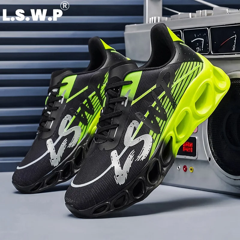 Men's running shoes and tennis shoes Men Stylish Letter Print Running Sneakers Hollow Blade Sole Breathable Mesh Outdoor Fitness