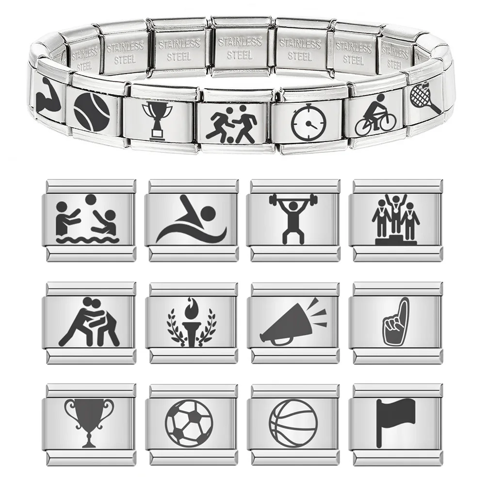 New Women Men Football Swim Sports Meetting Competition Charms Italian Links Fit 9mm Bracelet Stainless Steel Making DIY Jewelry