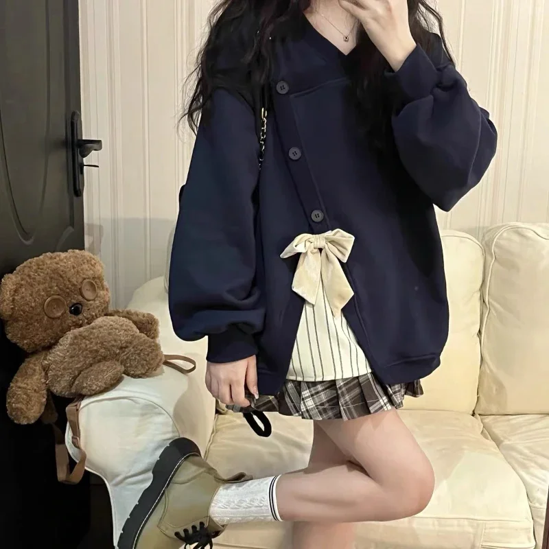 Korean Version Loose and Versatile Sweet Top Autumn Japanese Soft Girl Cute Bow Splicing Color Contrasting College Style Hoodie