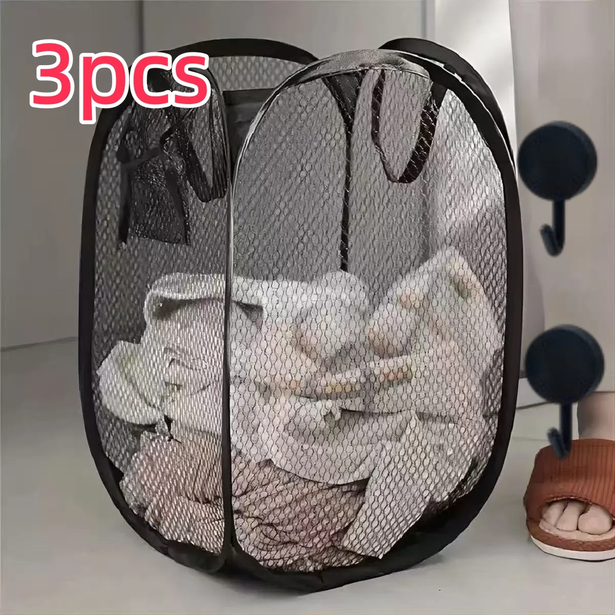 3-Piece Set of Foldable Laundry Baskets with Hooks, Large Breathable Style, Can Hold Dirty Clothes, Suitable for Bedrooms and Bathrooms, Foldable Design Saves Space in the Home