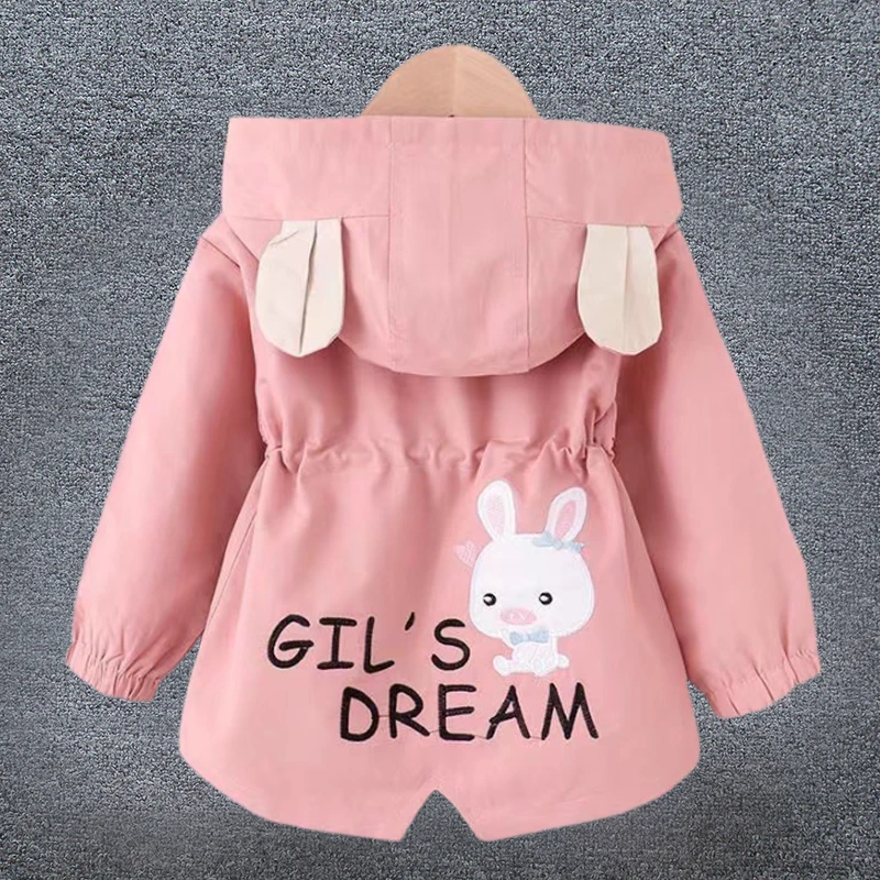 

2024 Spring Autumn Baby Girls Jacket Kids Casual Cute Rabbit Hooded Windbreaker Coats Fashion Children Clothing Waist Outerwear