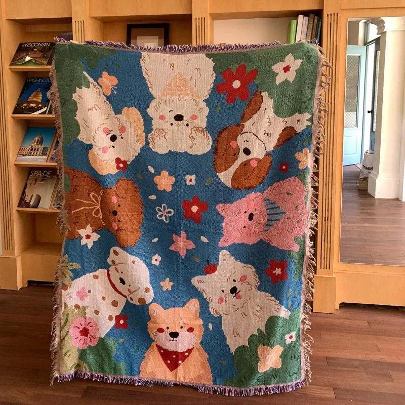 Cute Dog Cotton Thread Sofa Throw Blanket Cartoon Puppy Park Outdoor Camping Picnic Korean Style Decorative Tapestry Drop ship