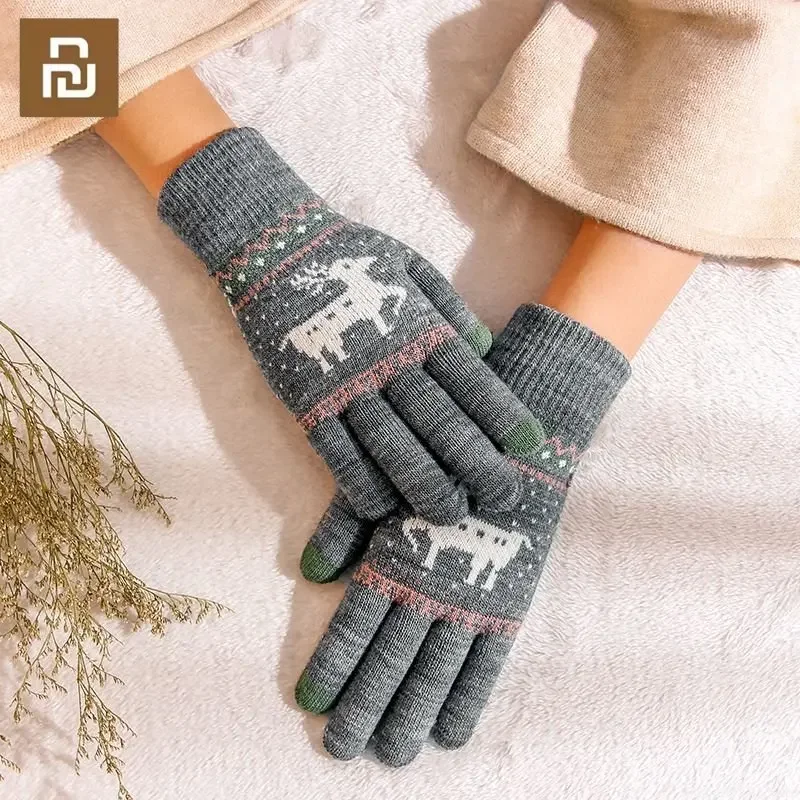 New Youpin Christmas Elk Thickened Knitted Gloves for Women Gift Touching-Screen Fashion Cute Autumn and Winter Warm Wool Gloves