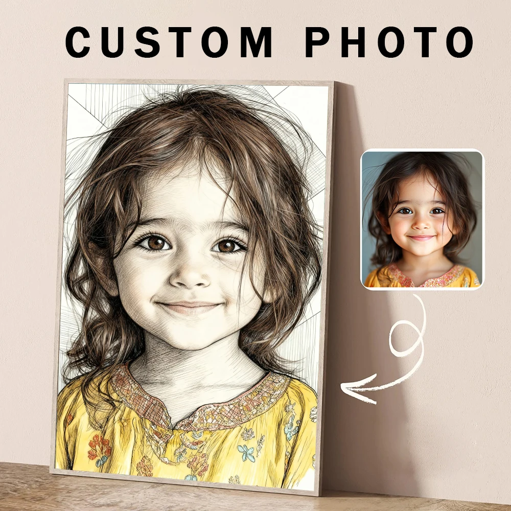 Custom Photos To Sharp Pen Illustration Portraits, Personalized Gifts for Family and Friends, Frameless Living Room Decoration