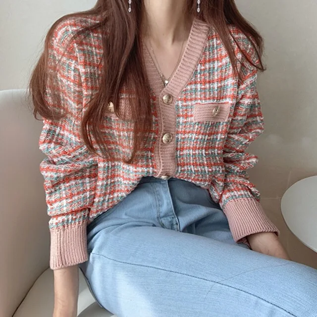 

Early Spring Plaid Knitwear Cardigan Small Fraance Sle Sweater Coat 2025 Spring Elegance V-ne Women's ort Top