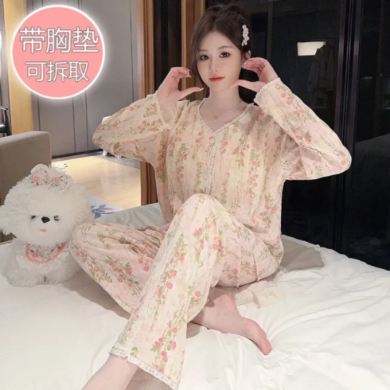 Plus Size Pajama Sets Women Long Sleeve Autumn Sweet Sleepwear Princess Soft Comfortable Loungewear Tender Girlish Cozy Homewear