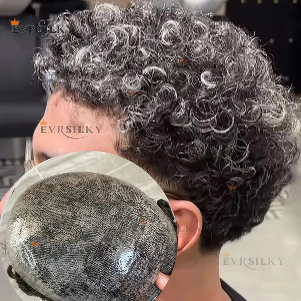 

Мужской парик-накладка из натуральных волос (15/18 мм, кудрявые), серый 1B40, с прочной основой из полной кожи, система замещения волос с естественной линией роста волос, черный/коричневый