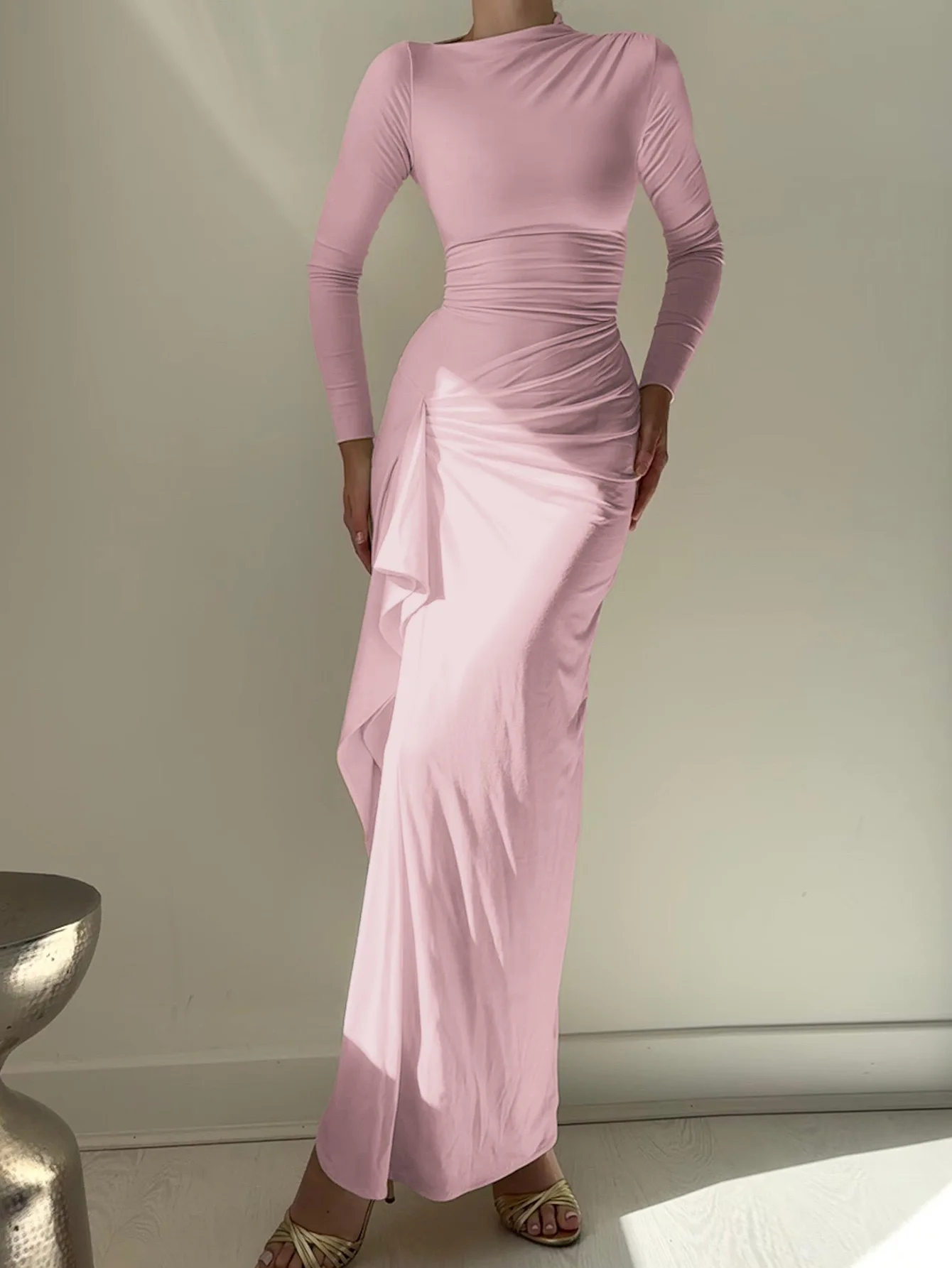 

Fashion Elegant Slim Long Dresses Women Solid Color Irregular Fold Package Hip Bodycon Dress Temperament Long Sleeve Vestidos