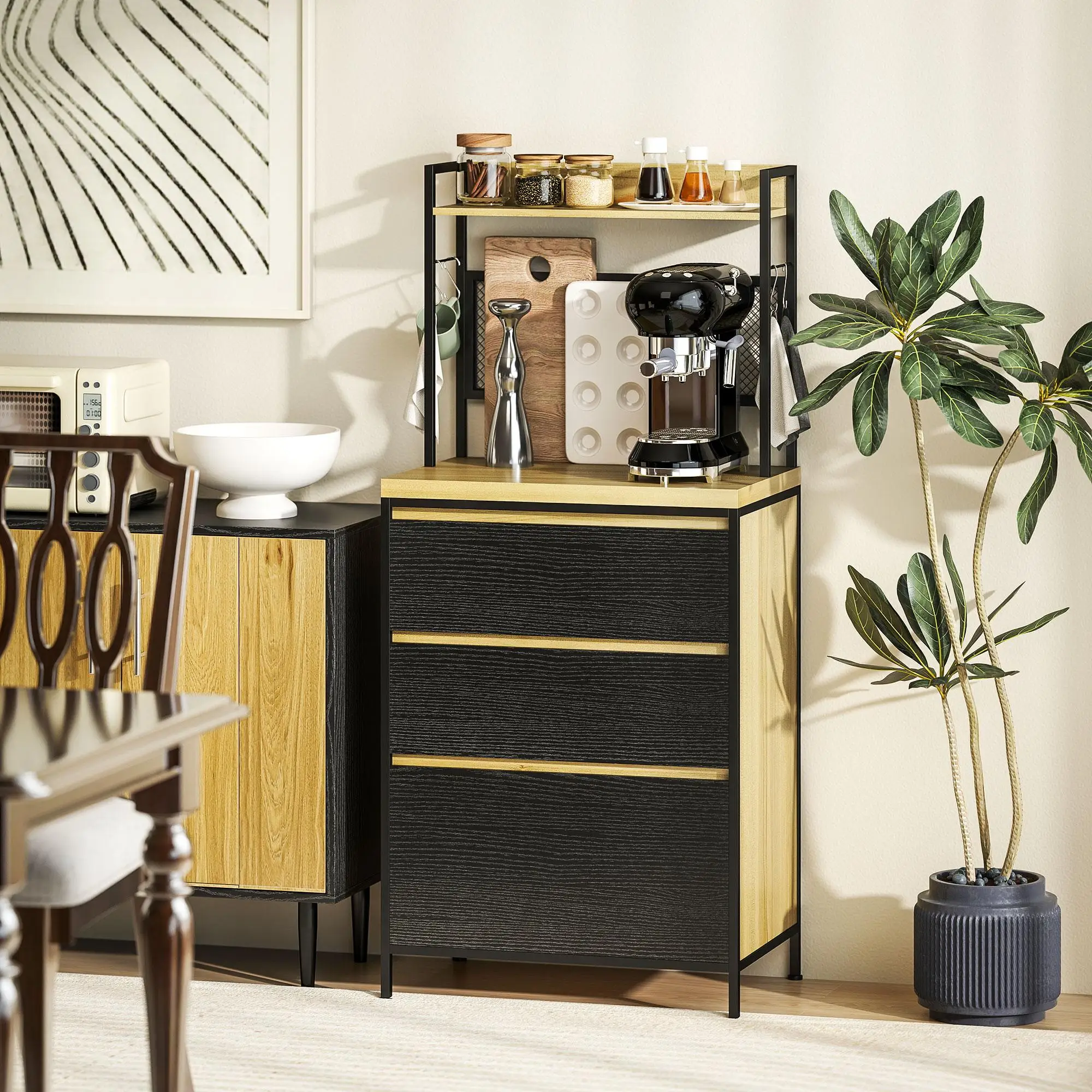 HOMCOM Cómoda de cocina industrial con 3 cajones, estante para platos y 4 ganchos, 60x40x132cm