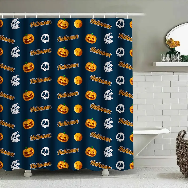 

Tuniu Halloween curtain spooky scary bats ghosts pumpkin orange black bathroom decor 128cm