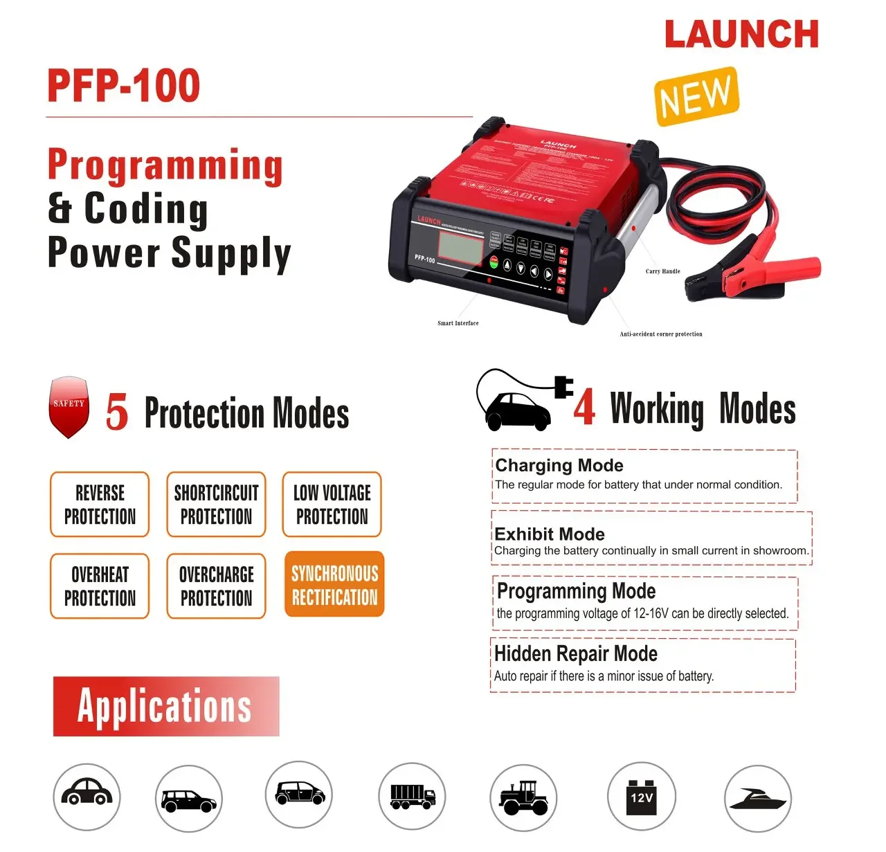 Launch PFP 100 Programming Power Supply & Charger & Starter Auto Battery Repair Real-time Car Regulator Vehicle Tool 110V 220V