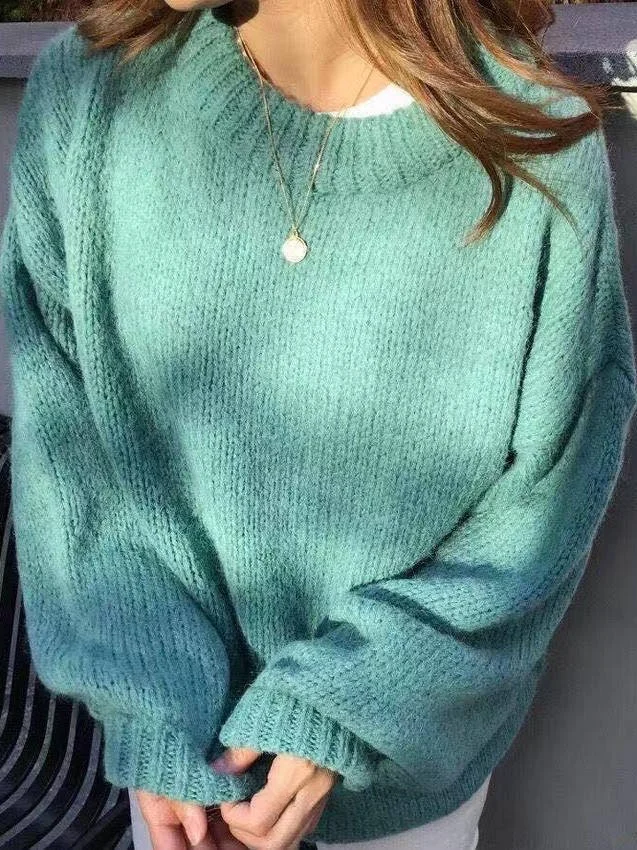 

Blue Thiened Loose Women's Sweater Autumn Winter New Sle Commute Sle round Ne Long Sve Polyester Fiber Casual Top