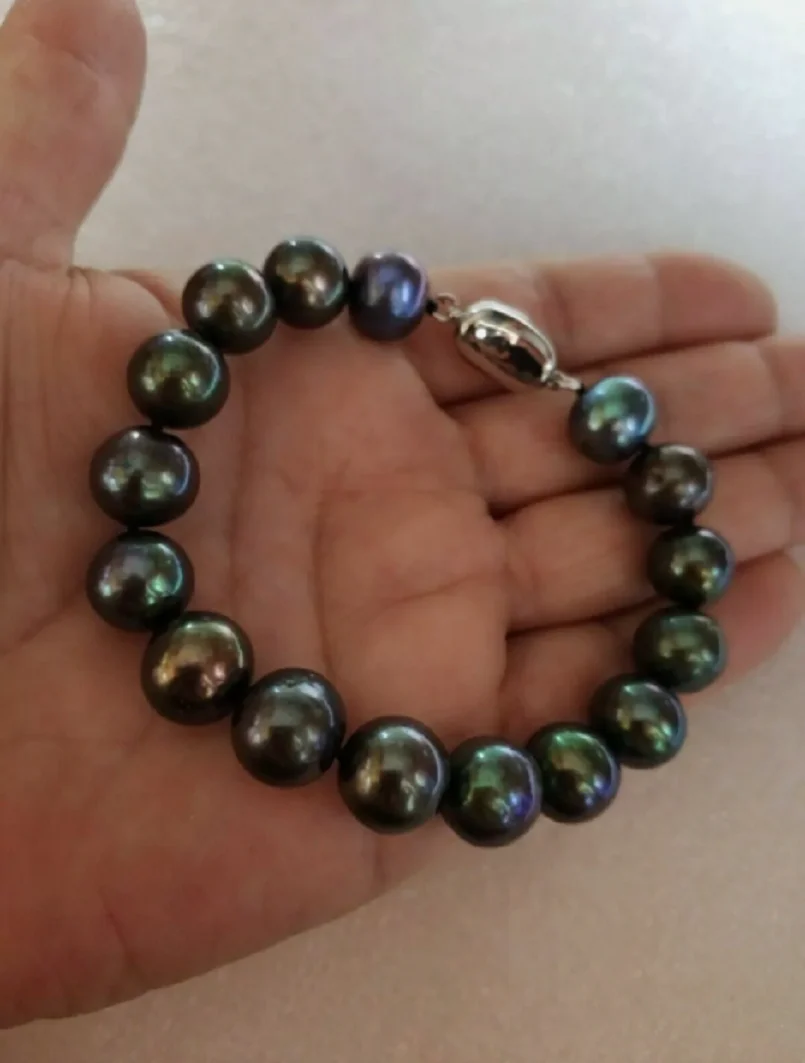 Customized Jewelry AAA9-10MM South Sea Black Pearl Bracelet 7.5-8 Inch 925S