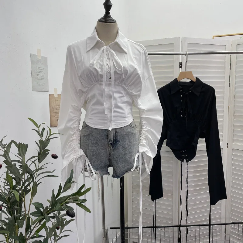

Waist Strap Long-sleeved Shirt Women's Autumn Lapel Neck Drawstring Sleeves Strap Top Blouse
