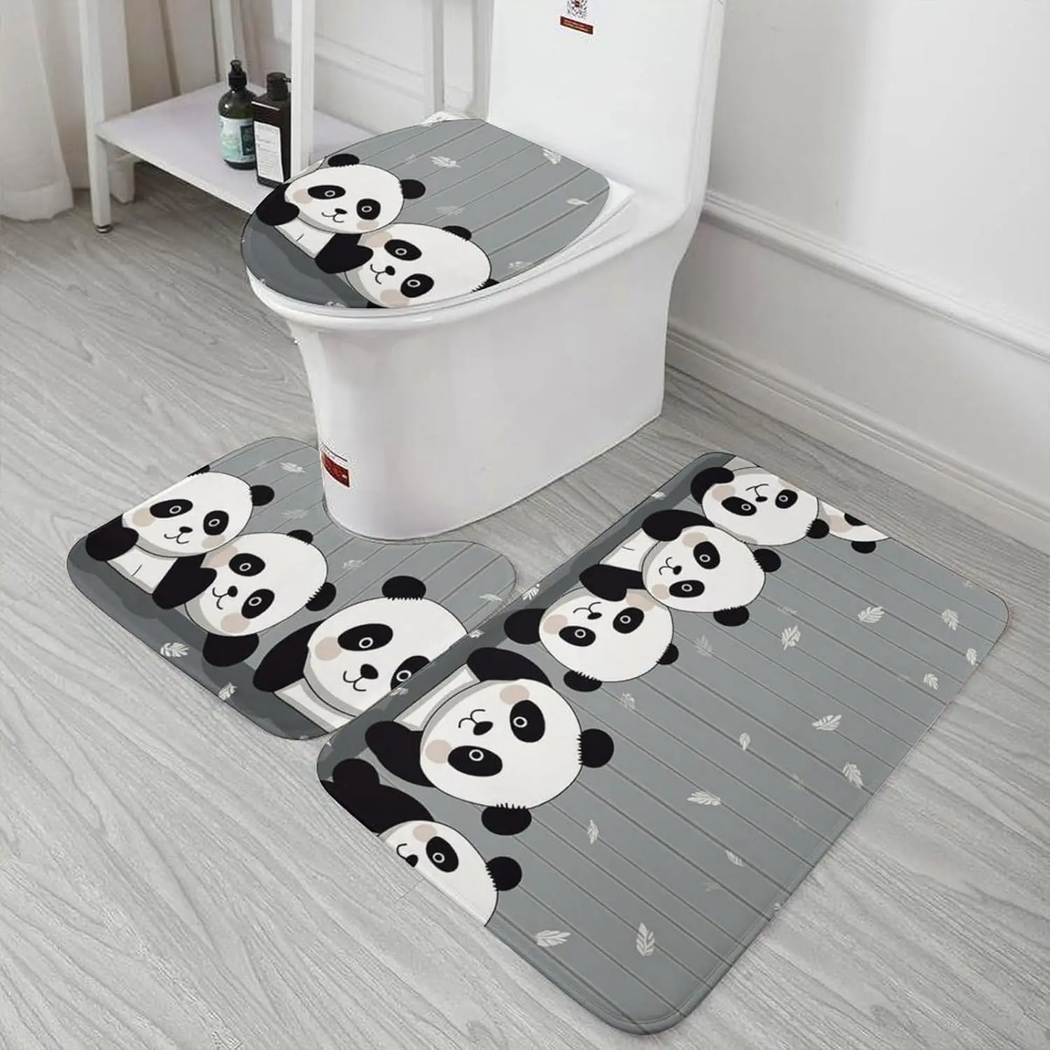 3 Piece Bath Rug Set Non Slip Absorbent Bath Mat Contour Mat with Toilet Lid Cover Funny Panda Soft Floor Mats for Bathroom