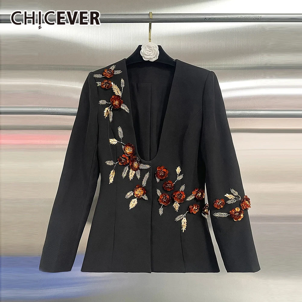

CHICEVER Designer Spliced 3D Flower Blazers for Women Deep Neck Long Sleeve Patchwork Double Breasted Temperament Coats Female