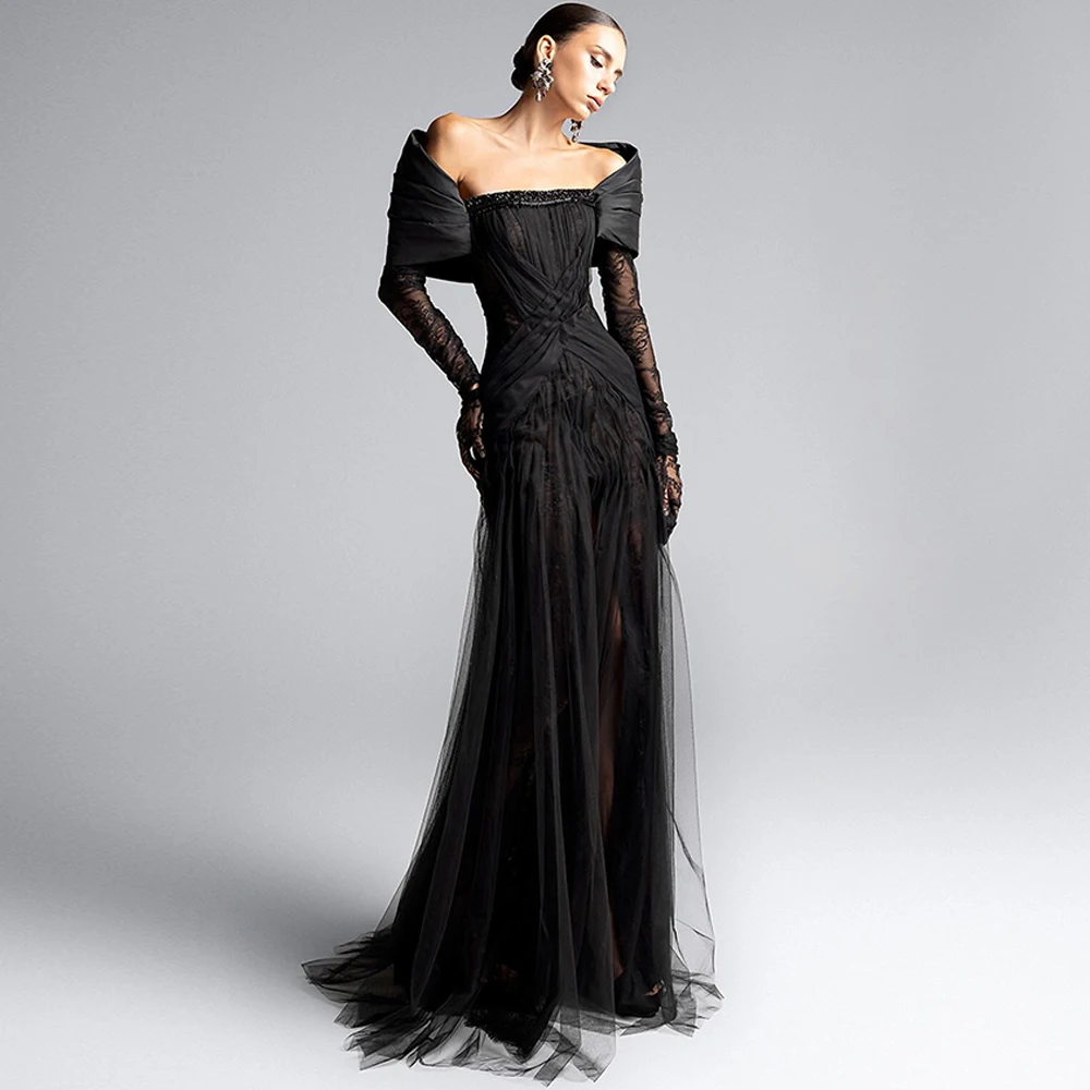 

Черное вечернее платье из фатина, современное, с открытыми плечами, длинными рукавами, для выпускного вечера, на заказ, с застежкой-молнией сзади, платье для знаменитостей
