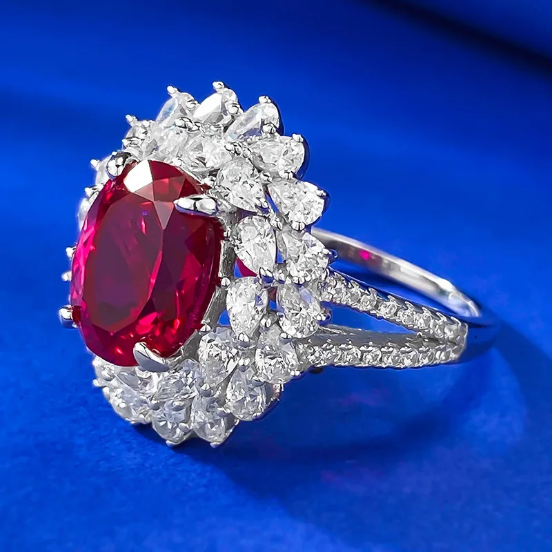 S925 Silver Pigeon Blood Red Imitation Diamond 8 * 10 Oval Ring Group Floral Cluster Wedding Ring