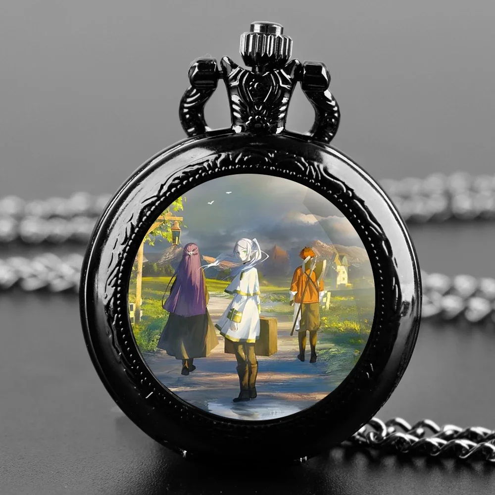 Frieren: Beyond Journey's End Glass Dome Pocket Watch with Chain Necklace Vintage Quartz Pendant Watches Mens Women Gifts