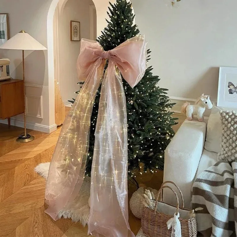 Pearl Luster Pink-White Giant Bow Pendant for Christmas Tree Home Door Window Corridor Knitted Sparkly Hanging Decor Party Prop