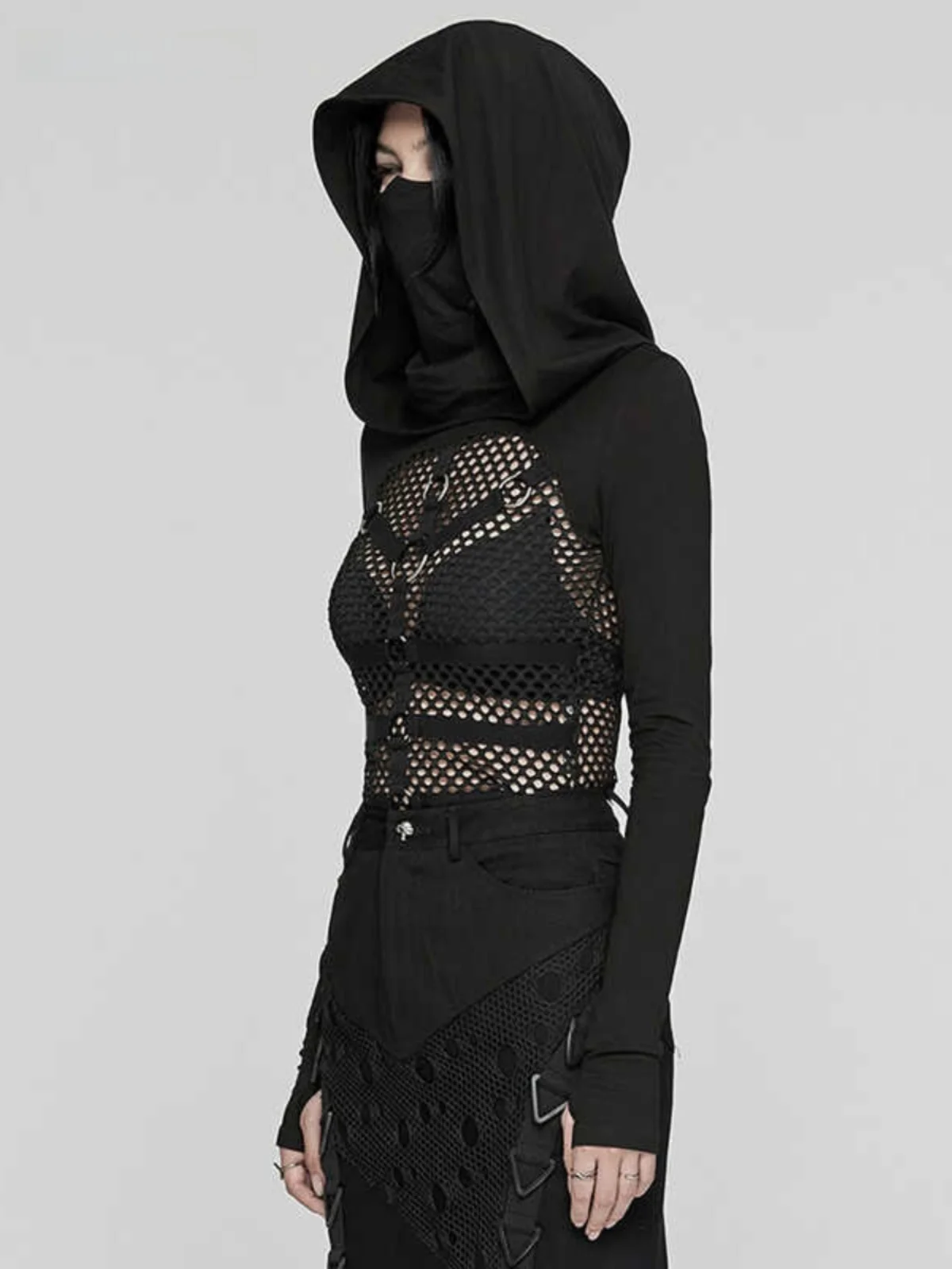 Punk Style Long Sleeve Hollow out T-Shirt Heavy Embroidery Mesh Splice Hoodie Women's Fashion Top Streetwear Autumn Season