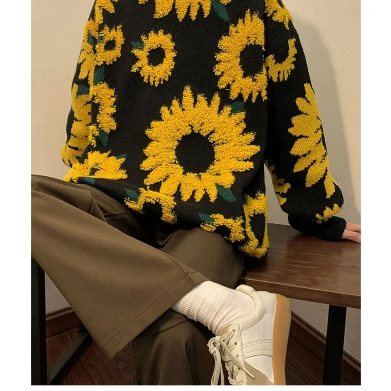 Vintage Sunflower Sweater Men Clothes Autumn Winter Warm Pullover Streetwear Loose Big Size Knit Couple Clothing O-neck Sweater