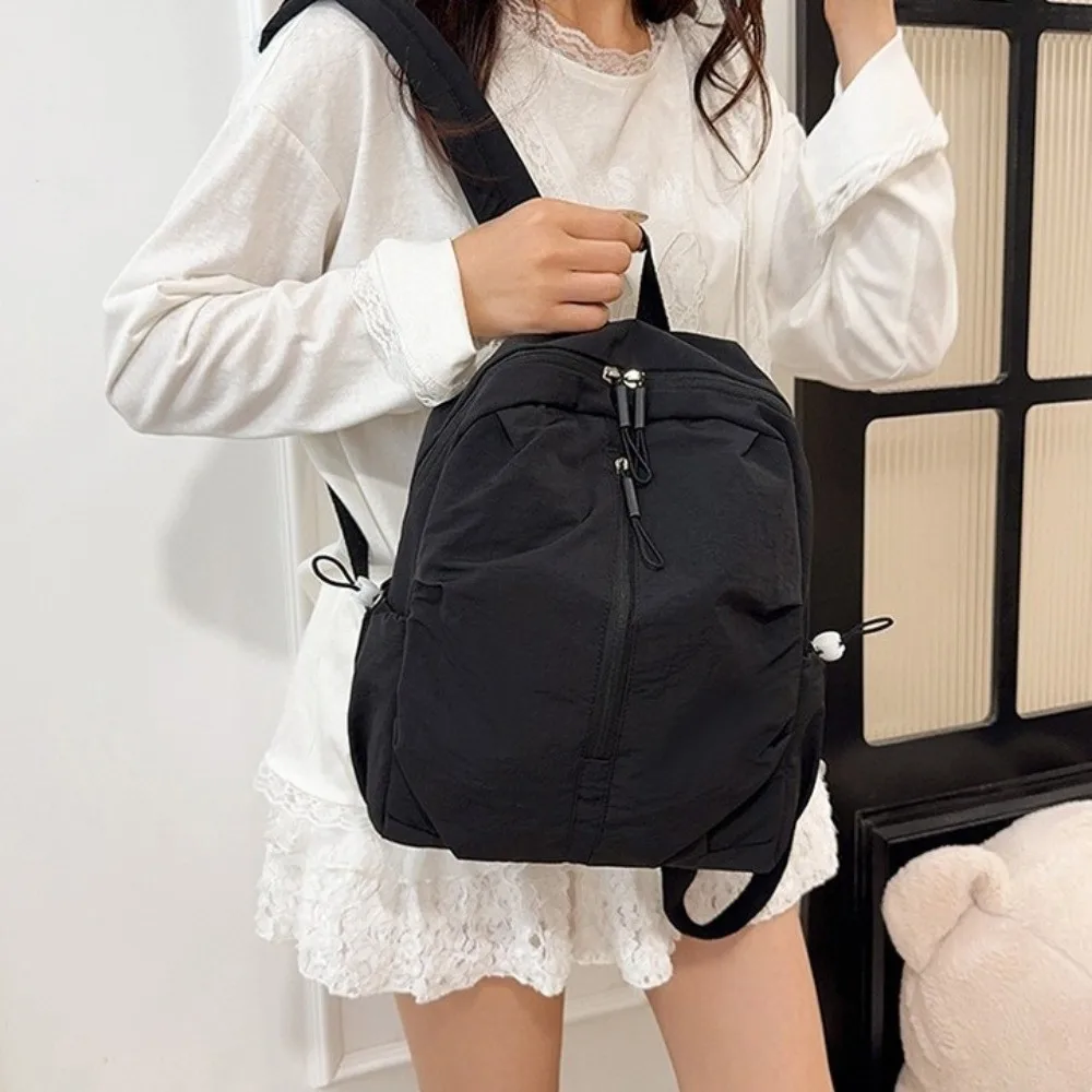 Casual Pleated Nylon Backpack Solid Color Lightweight Rucksack Durable Large Capacity Student School Bag Women