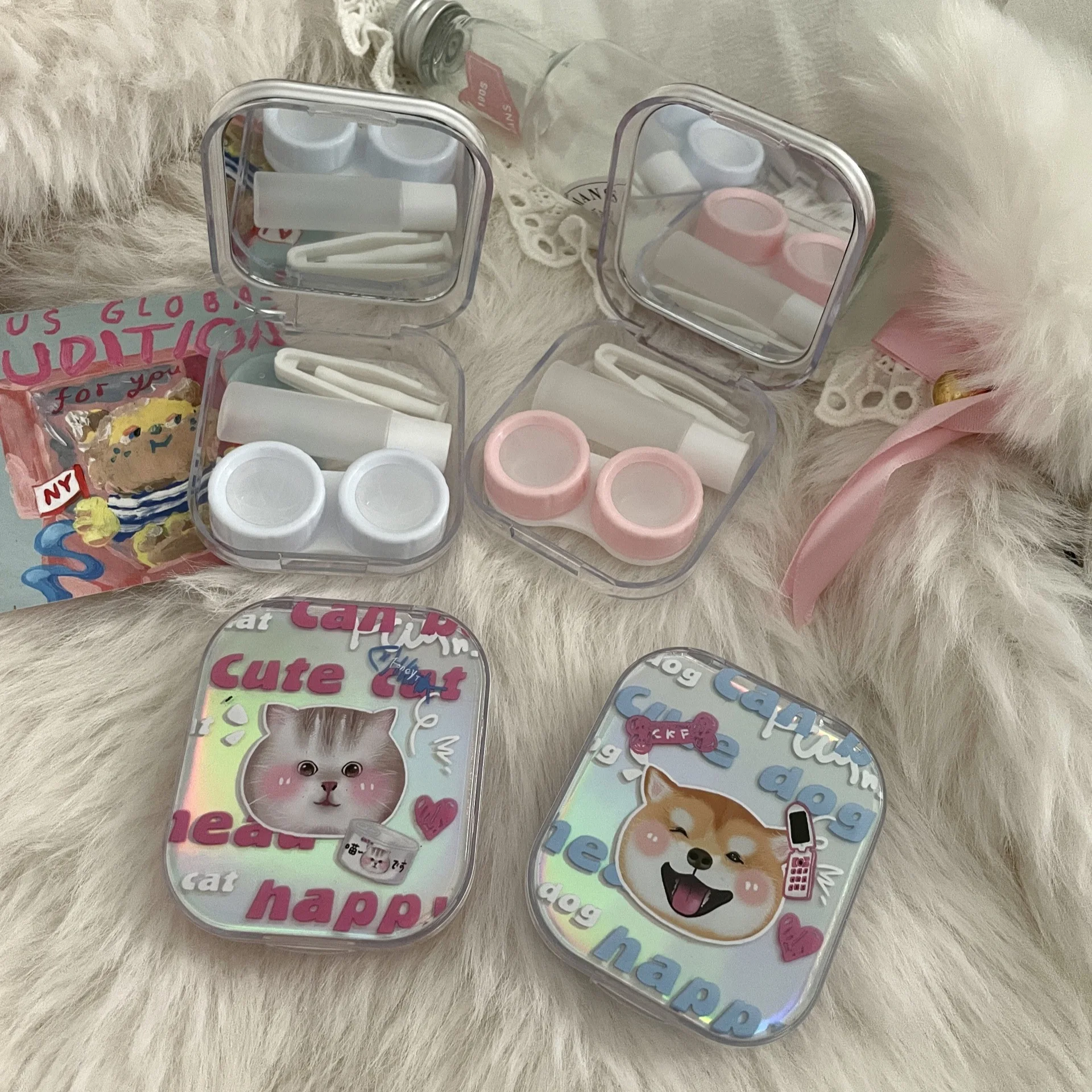 1 Piece Sweet Cartoon Contact Lenses Color Case Fashion Kawaii Puppy Kitten Eye Contacts Organizer Portable Contact Lenses Box